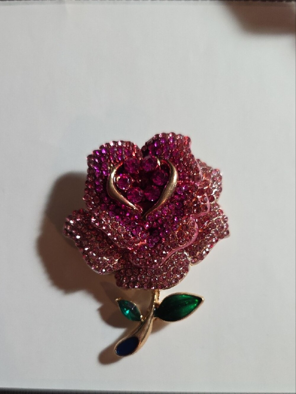 Gold Tone Pink Crystal Rose Brooch -  New